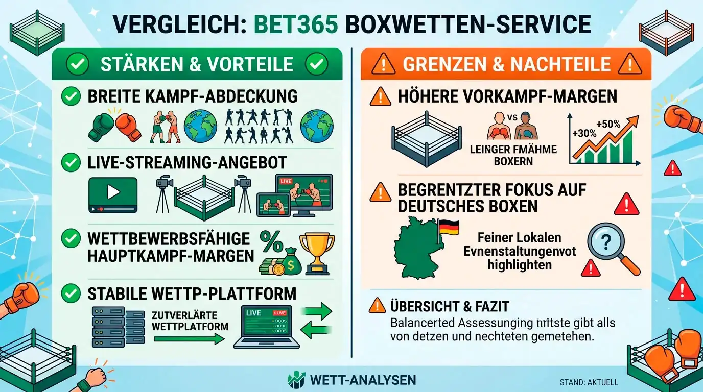 Bet365 Stärken und Schwächen für Boxwetter – vier Stärken und zwei Schwächen im unabhängigen Testbericht 2026