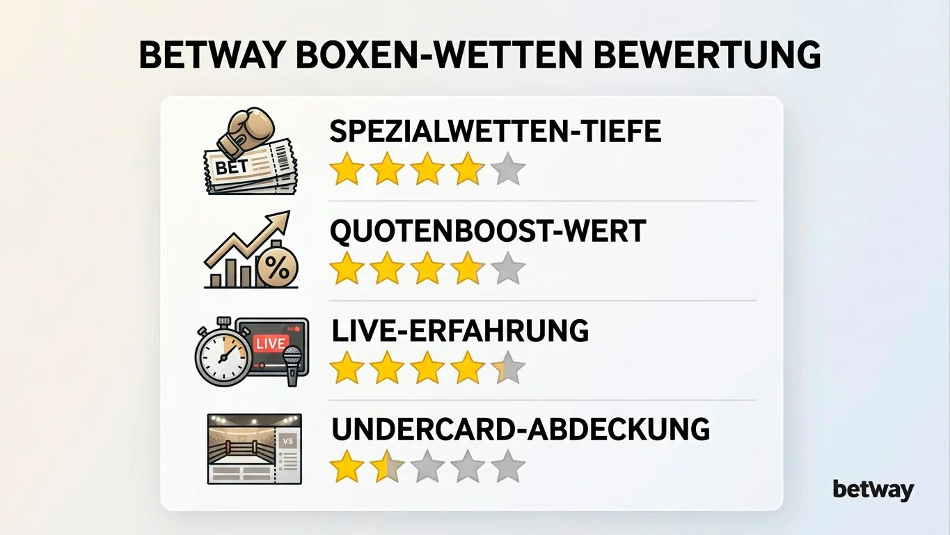 Betway Gesamtbewertung für Boxwetter – vier Bewertungspunkte zu Spezialwetten, Quotenboosts, Live-Angebot und Einschränkungen
