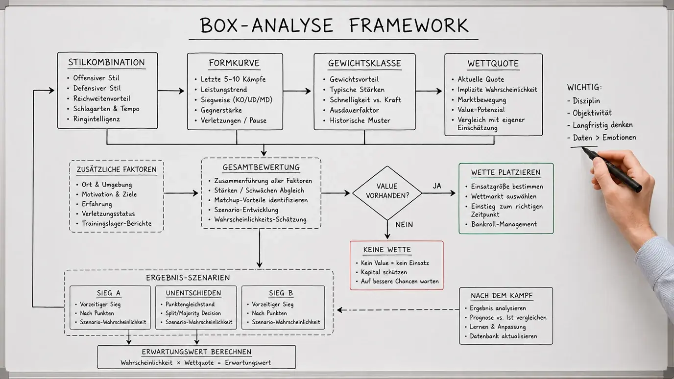 Schema eines Analyse-Frameworks für Boxwetten mit Stilkombination und Formkurve als Hauptelementen