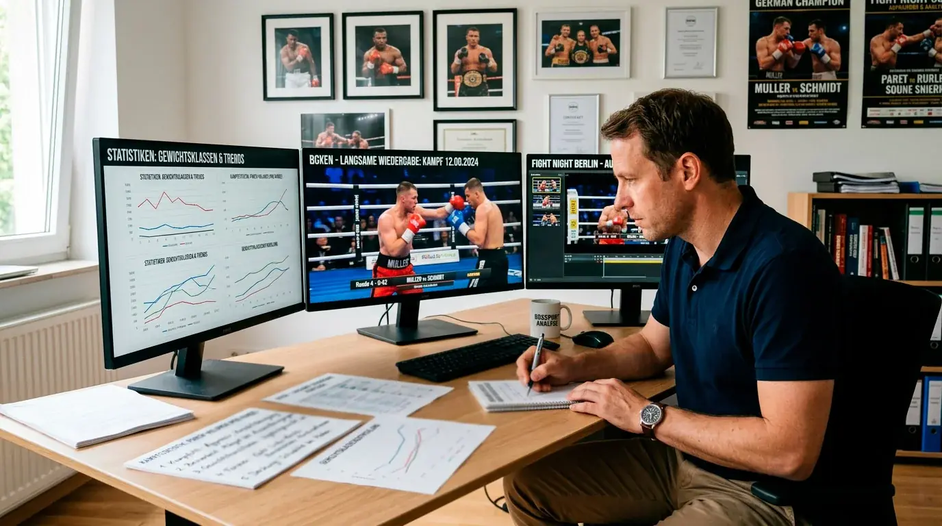 Boxen Wetten Analyse: Sportwetter analysiert Stilkombination und Formkurve vor einem Boxkampf