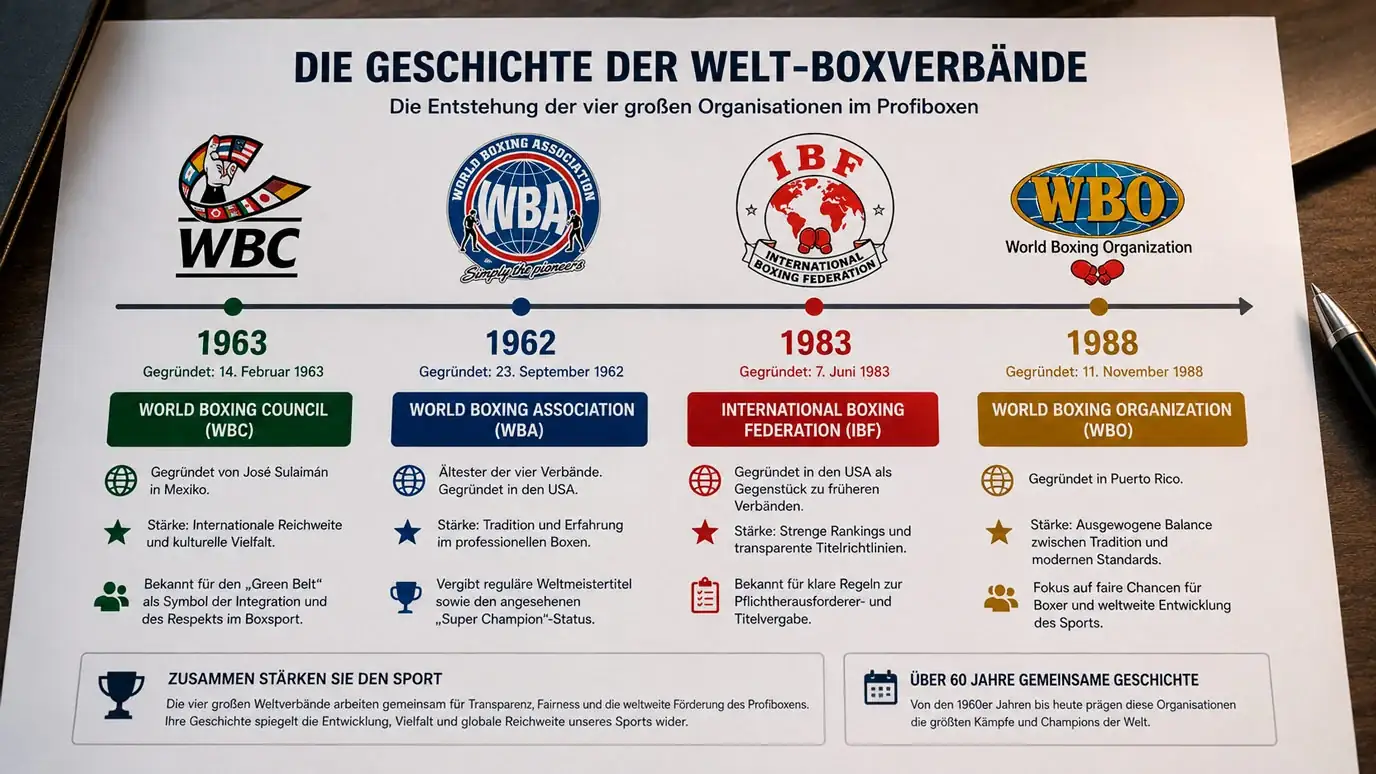 Die vier großen Boxverbände WBC, WBA, IBF und WBO – Geschichte und Rolle im Profiboxen