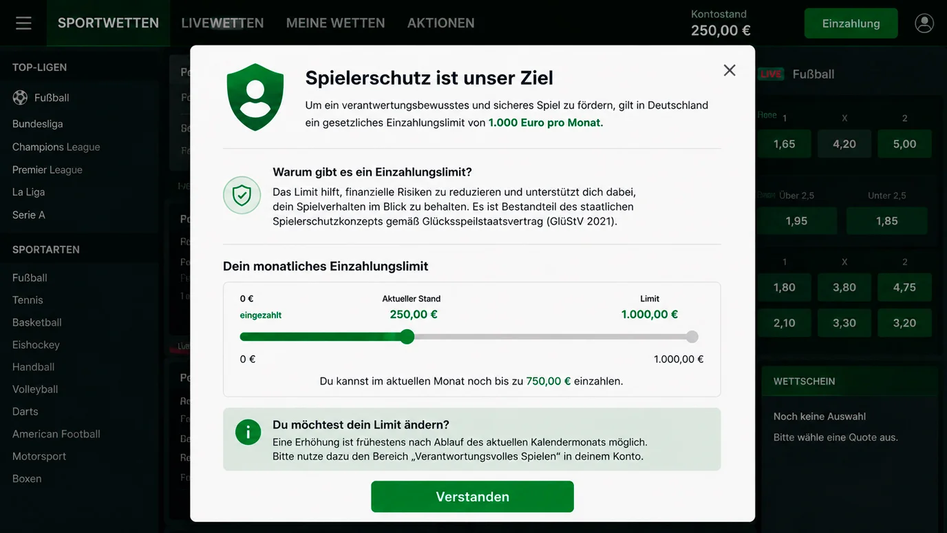Schutzgedanke hinter dem 1.000-Euro-Einzahlungslimit für Sportwetten in Deutschland nach GlüStV 2021