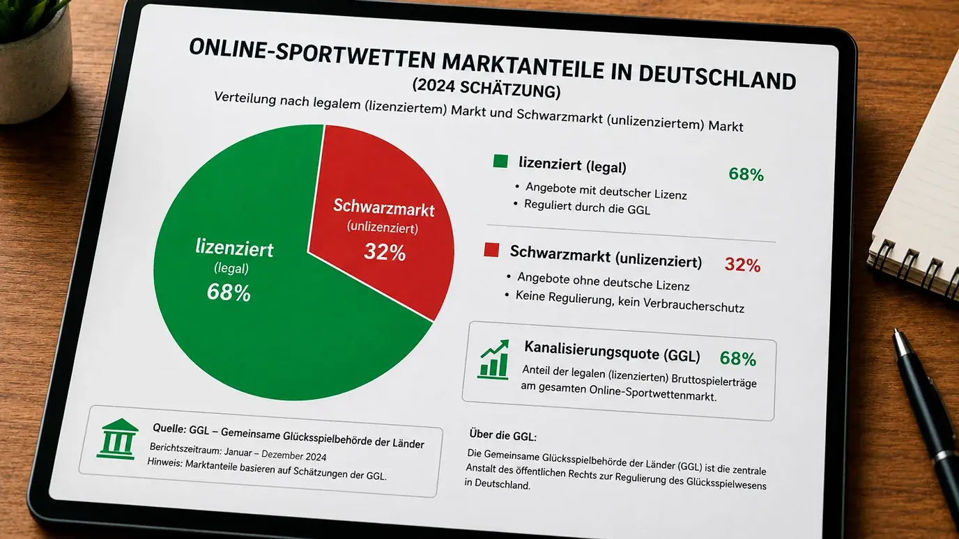 Diagramm zum Schwarzmarktanteil bei deutschen Online-Sportwetten und Kanalisierungsquote lizenzierter Anbieter