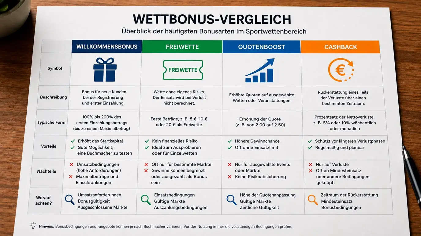 Übersicht der Bonusarten beim Boxen Wetten: Willkommensbonus, Freiwetten und Quotenboosts im Vergleich